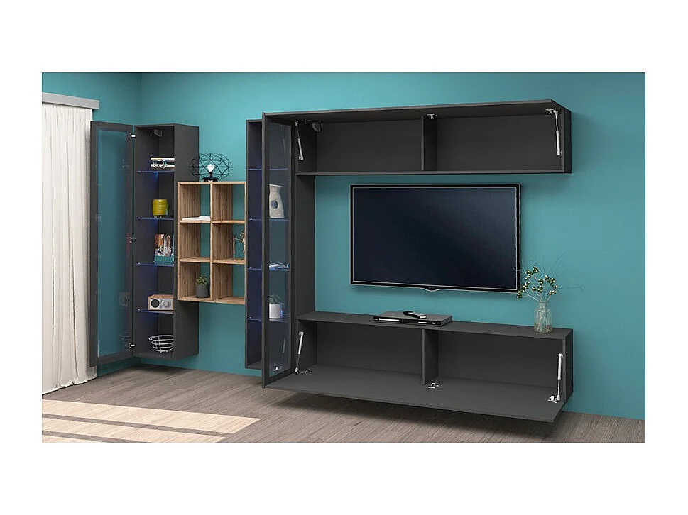 Mueble TV suspendido 2 vitrinas librería madera Kary RT