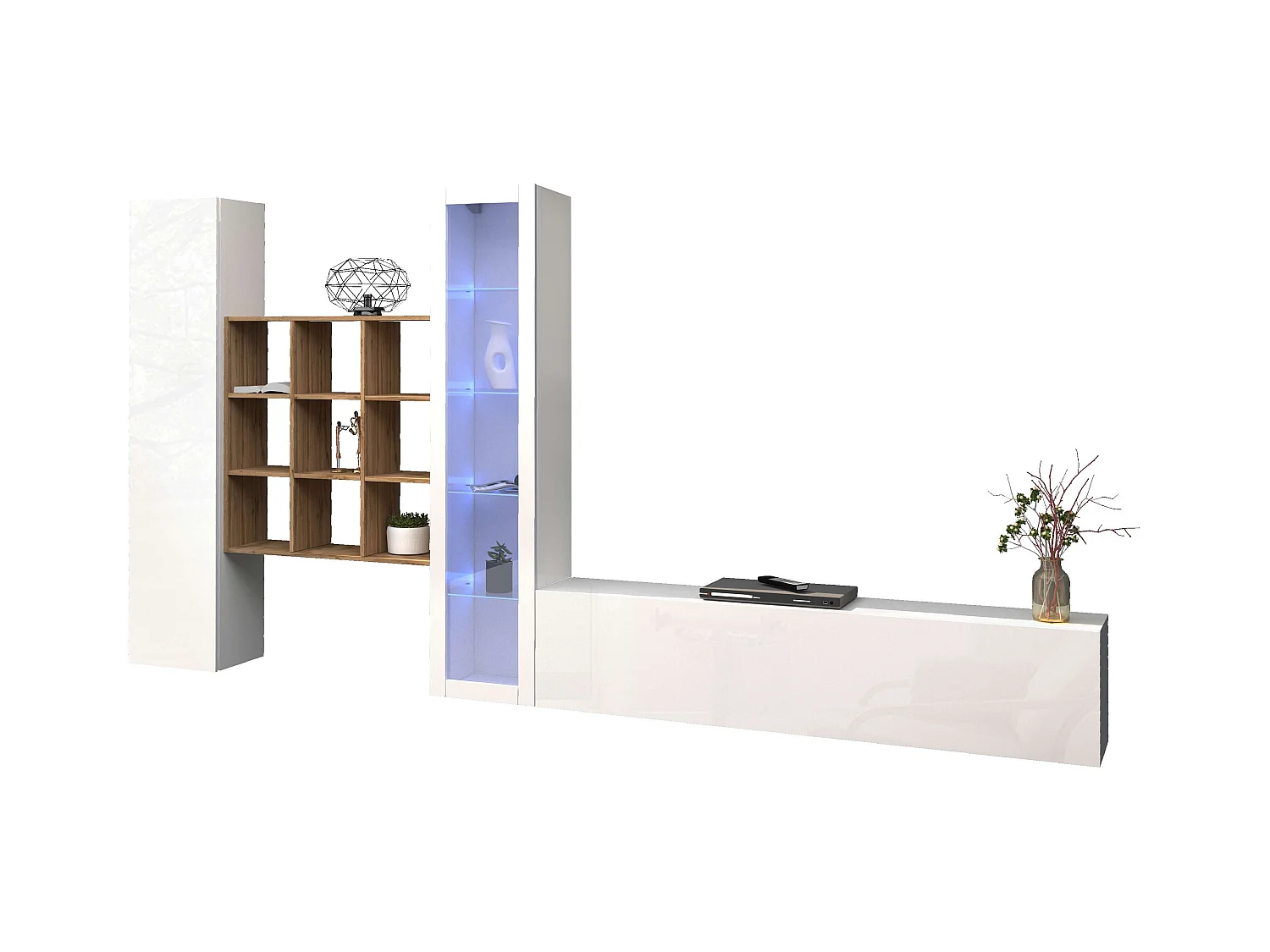 Parete attrezzata bianca mobile TV vetrina armadio libreria Ranil WH