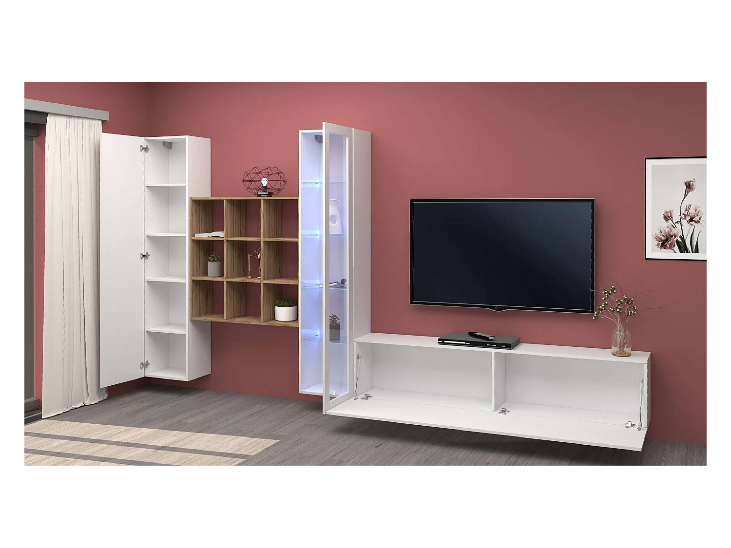 Parete attrezzata bianca mobile TV vetrina armadio libreria Ranil WH