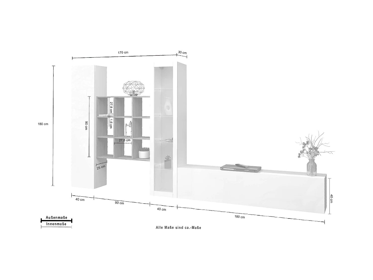 Parete attrezzata bianca mobile TV vetrina armadio libreria Ranil WH