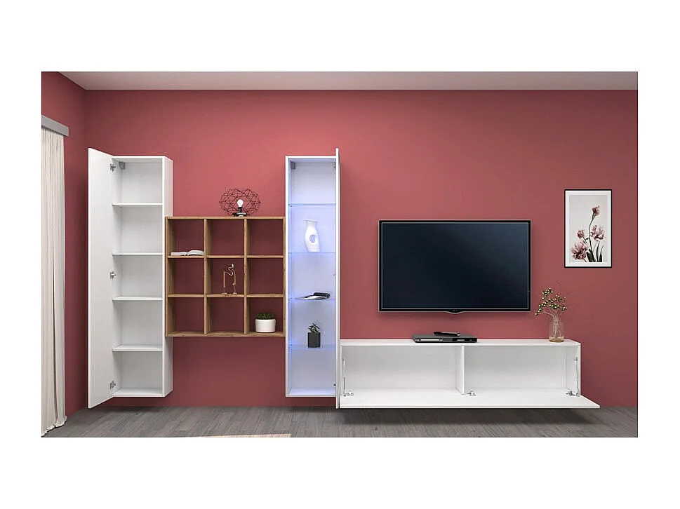 Meuble TV blanc armoire murale bibliothèque Ranil WH