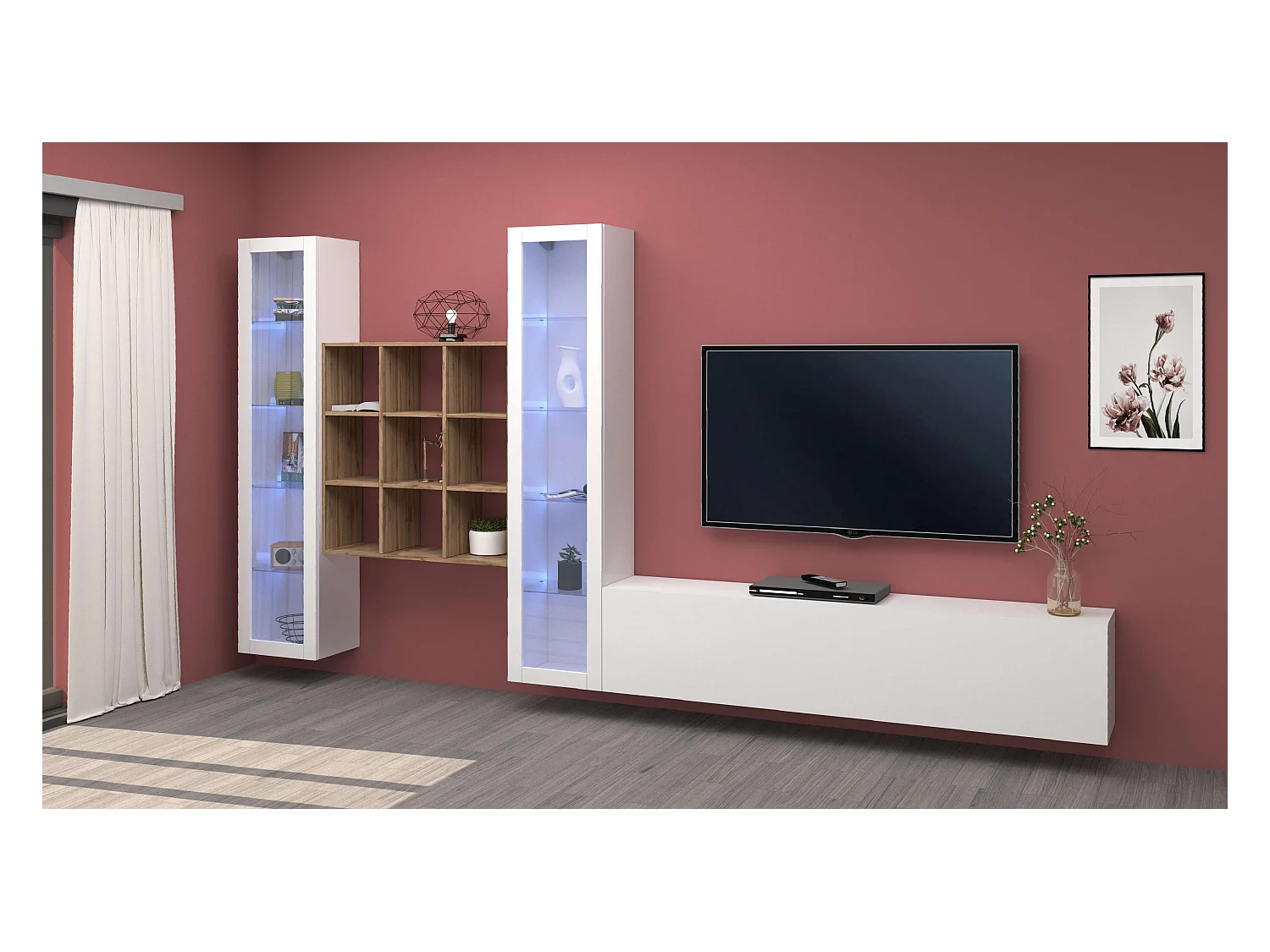 Mueble TV blanco librería de madera 2 vitrinas Onir WH
