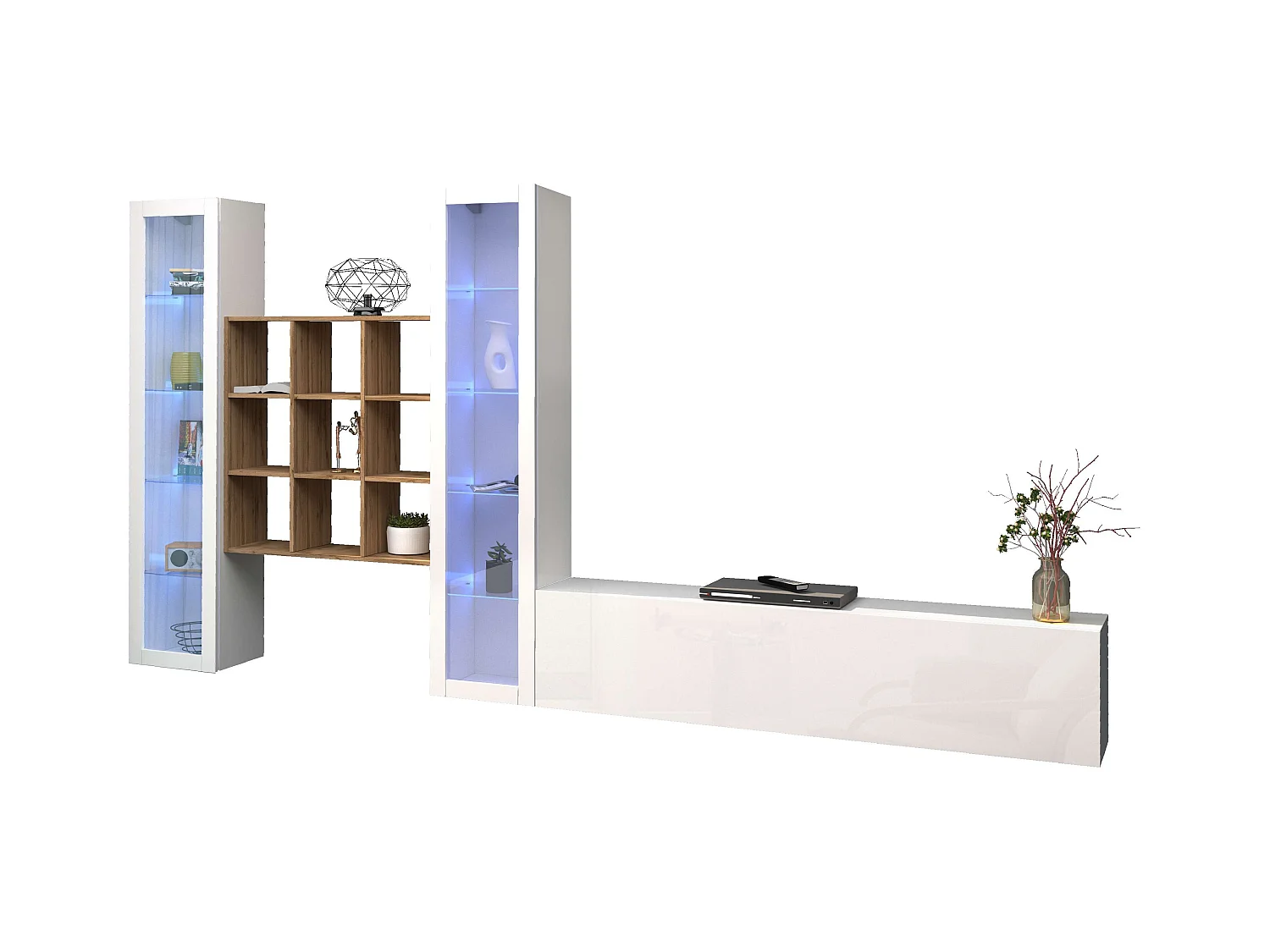 Mueble TV blanco librería de madera 2 vitrinas Onir WH