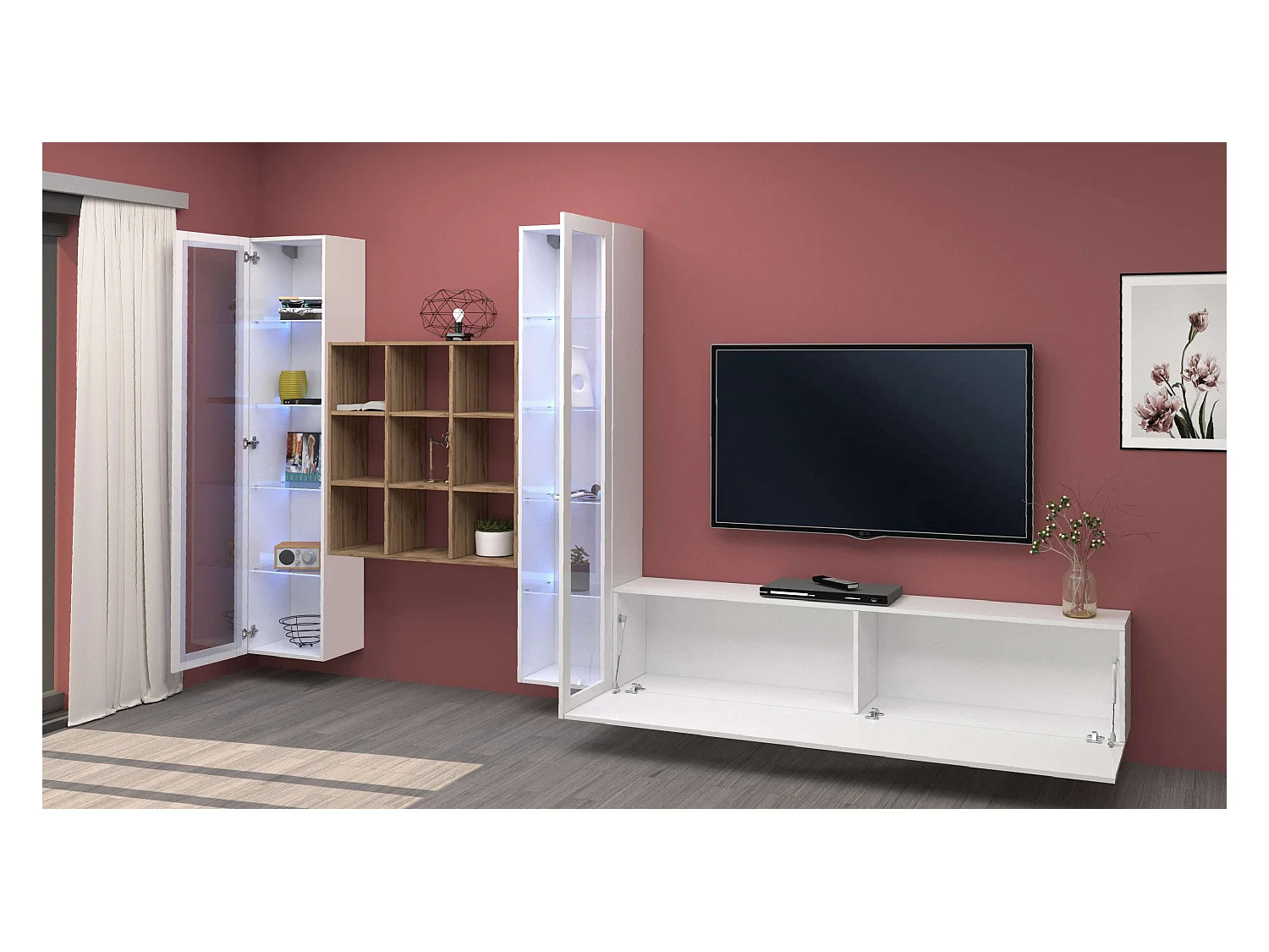 Mueble TV blanco librería de madera 2 vitrinas Onir WH