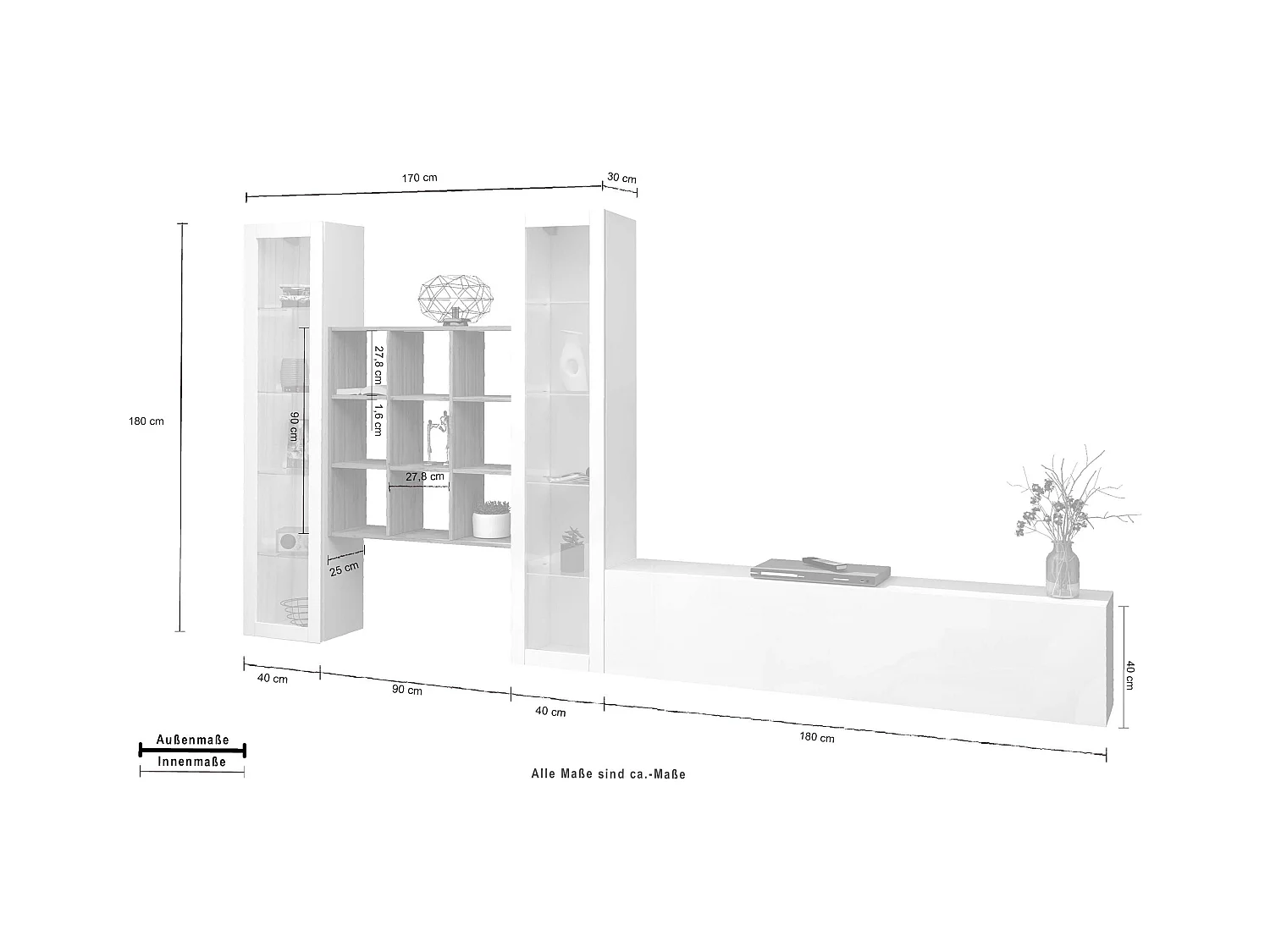 Mueble TV blanco librería de madera 2 vitrinas Onir WH
