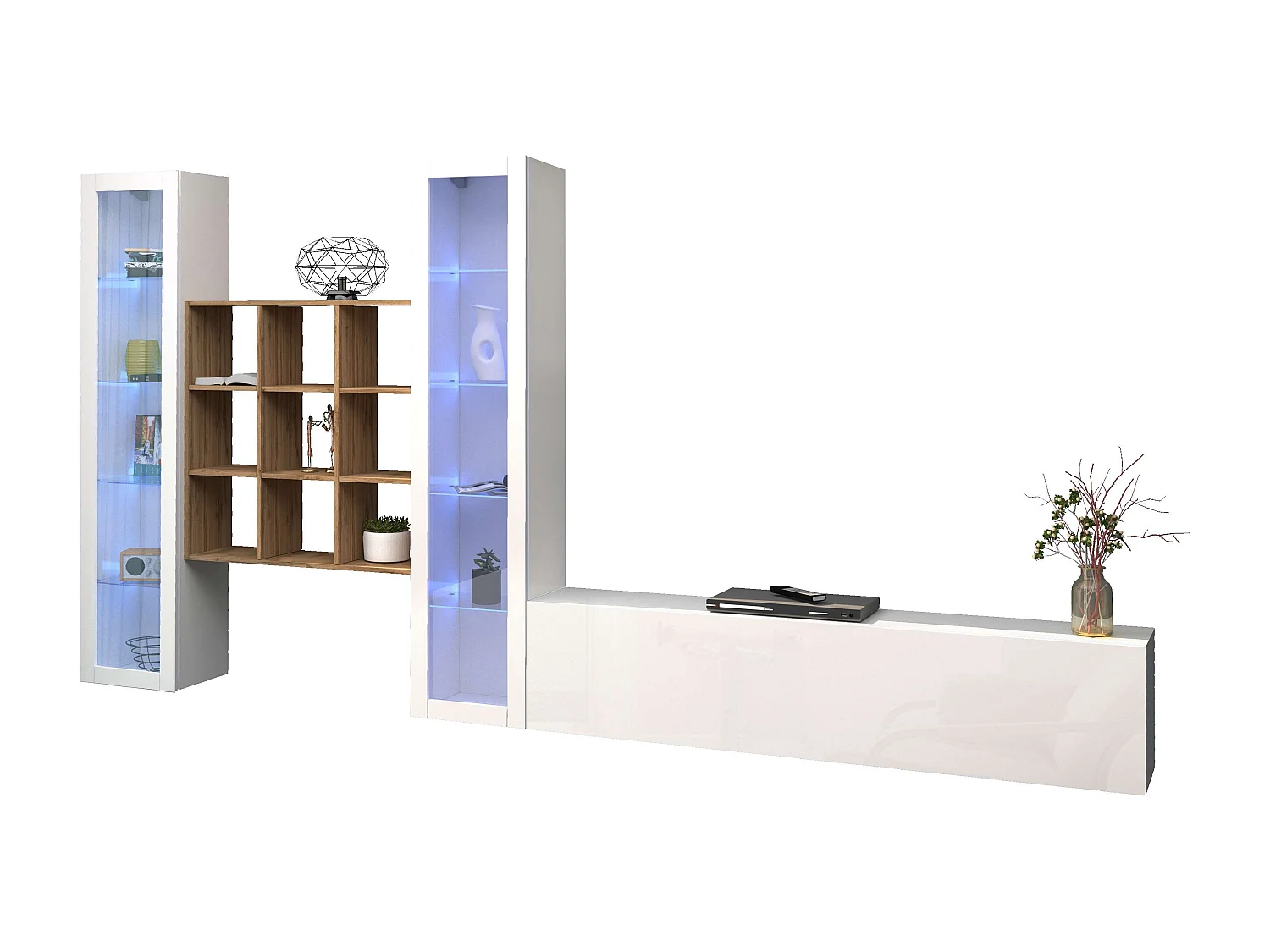 Mueble TV blanco librería de madera 2 vitrinas Onir WH