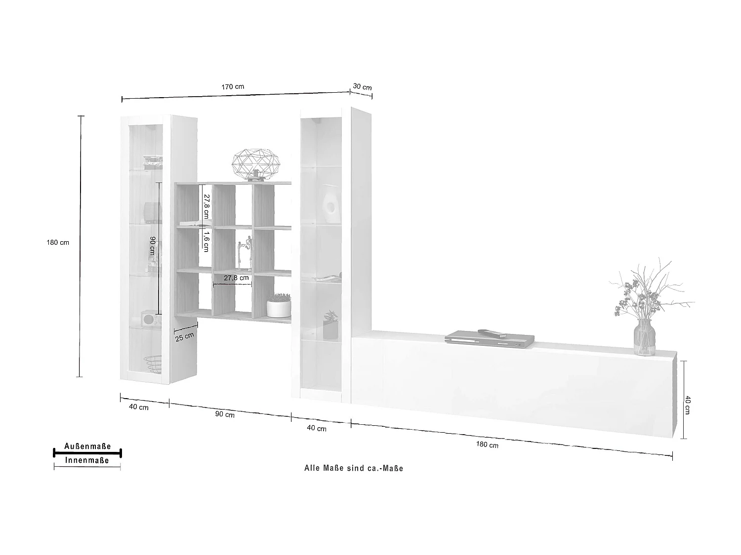 Mueble TV blanco librería de madera 2 vitrinas Onir WH