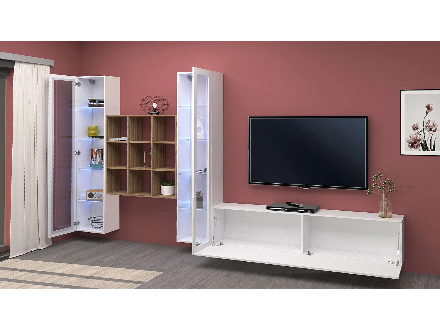 Mueble TV blanco librería de madera 2 vitrinas Onir WH