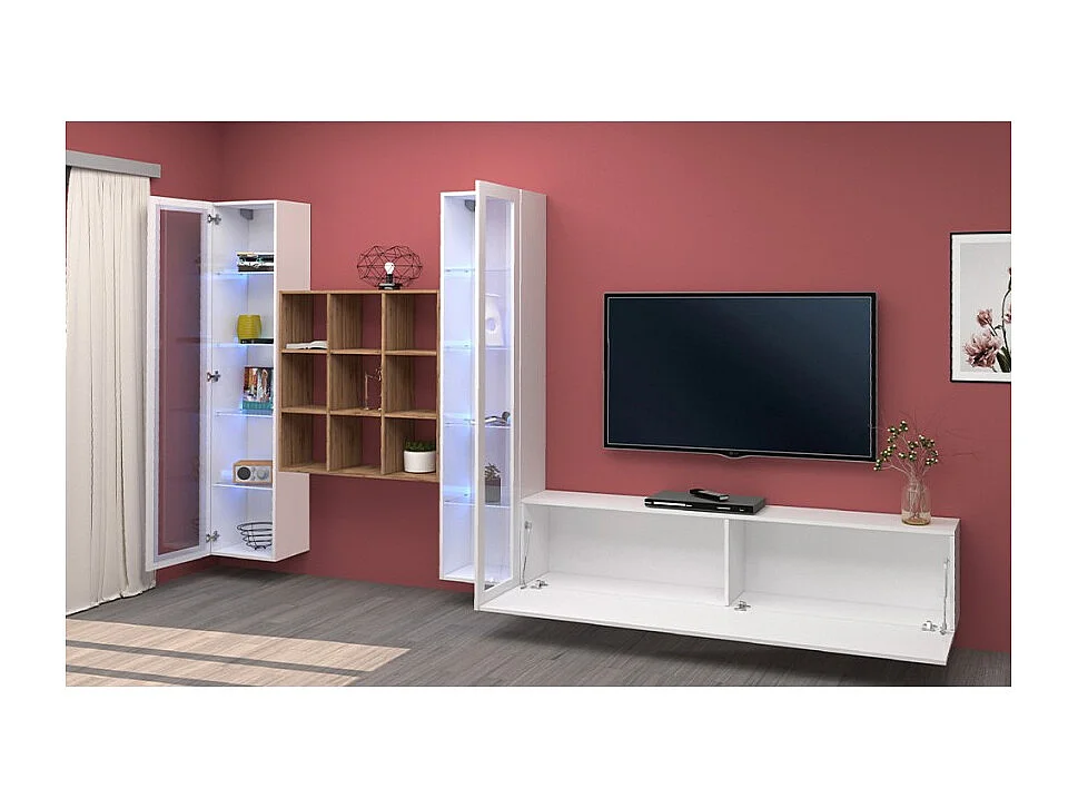 Mueble TV blanco librería de madera 2 vitrinas Onir WH