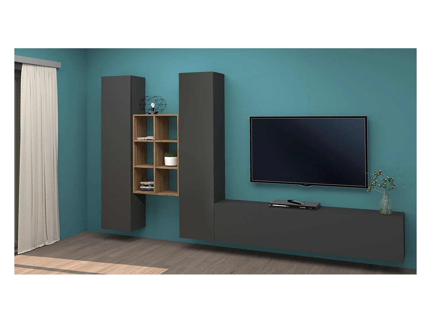 Parete attrezzata antracite TV moderna 2 armadi libreria 6 vani in legno Manny RT