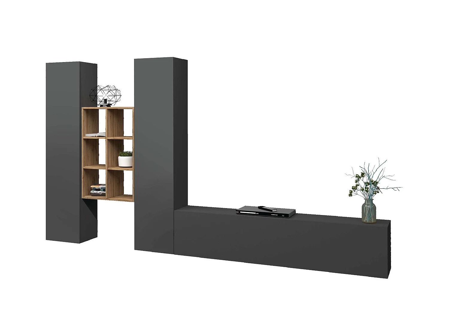 Parete attrezzata antracite TV moderna 2 armadi libreria 6 vani in legno Manny RT