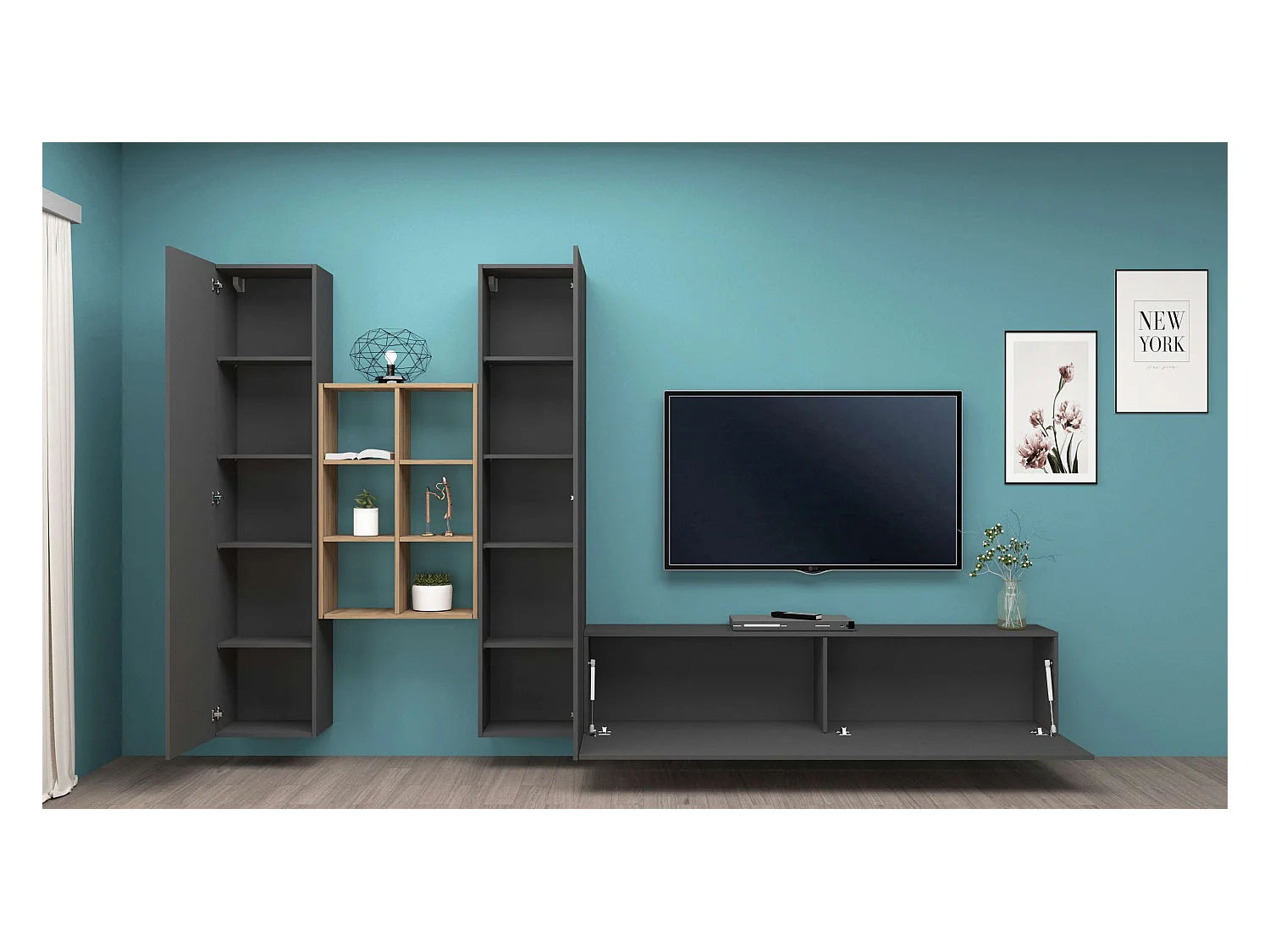 Parete attrezzata antracite TV moderna 2 armadi libreria 6 vani in legno Manny RT