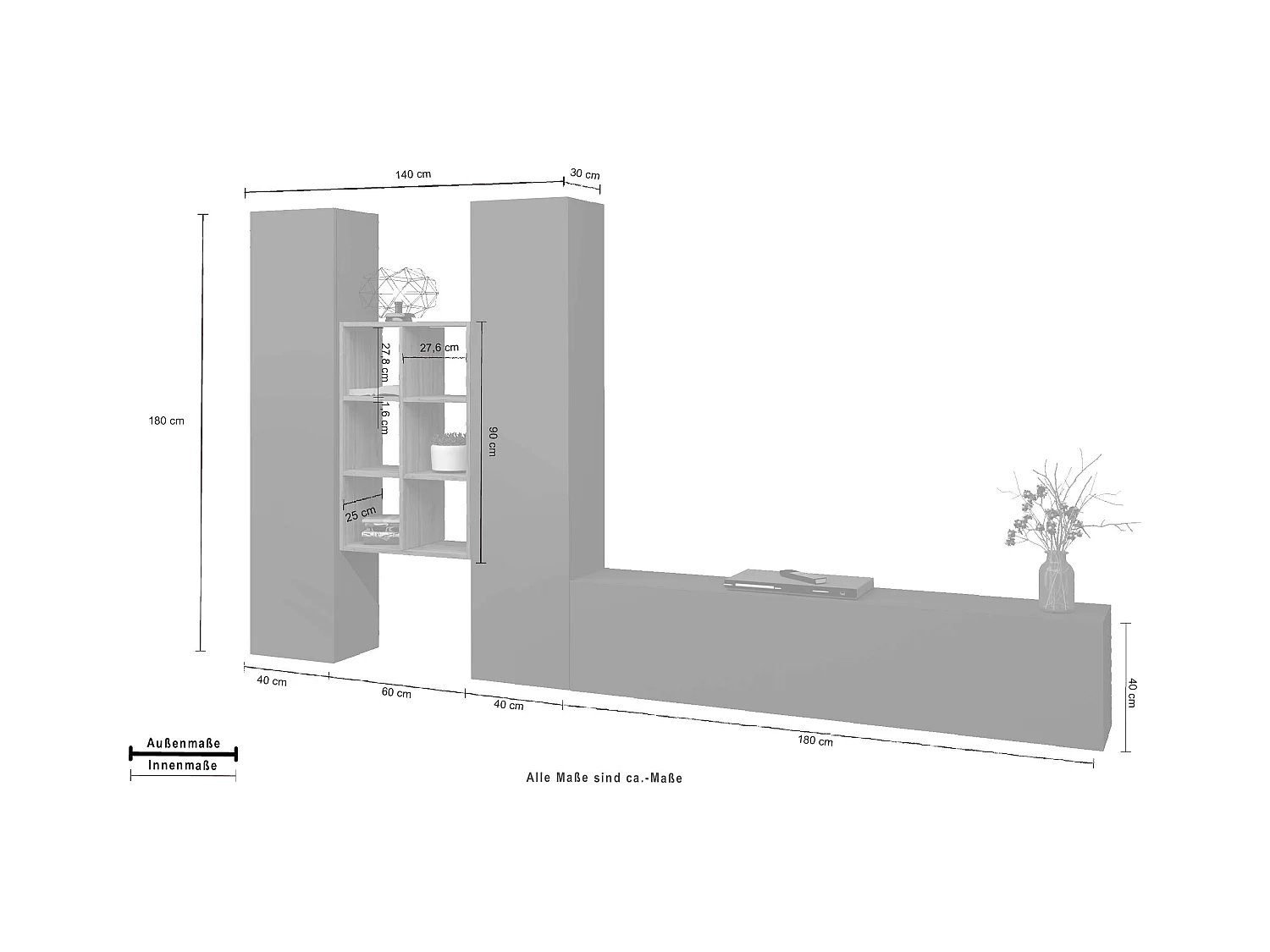 Parete attrezzata antracite TV moderna 2 armadi libreria 6 vani in legno Manny RT