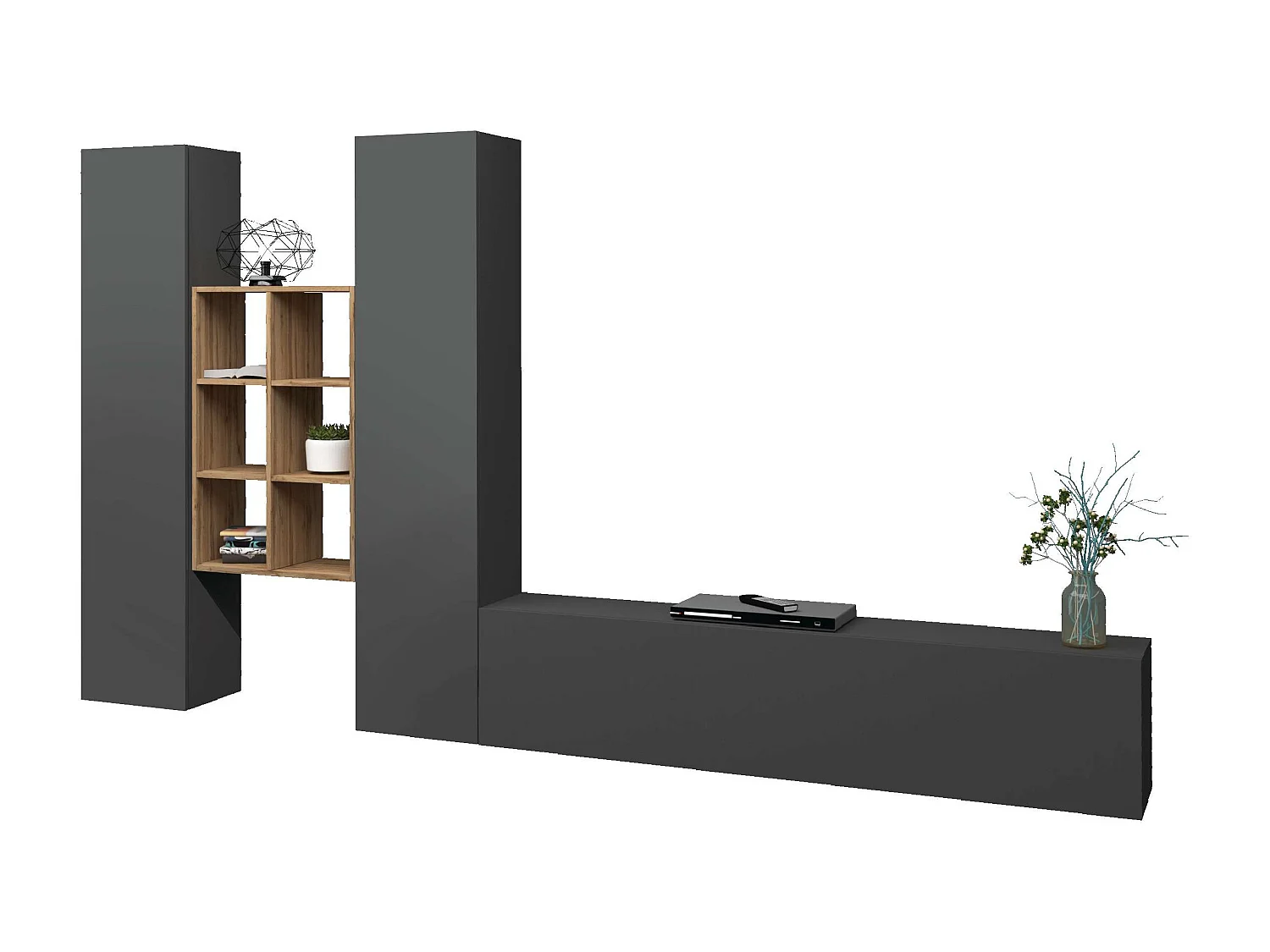 Meuble mural anthracite avec meuble TV moderne et 2 bibliothèques Manny RT à 6 compartiments en bois