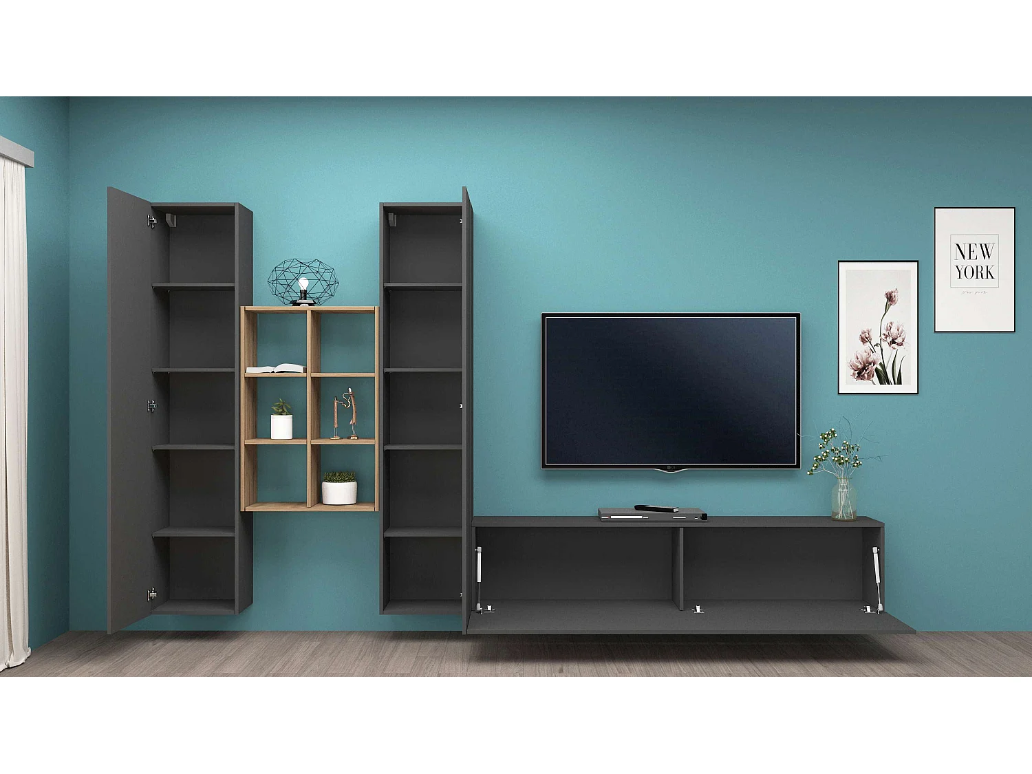Meuble mural anthracite avec meuble TV moderne et 2 bibliothèques Manny RT à 6 compartiments en bois
