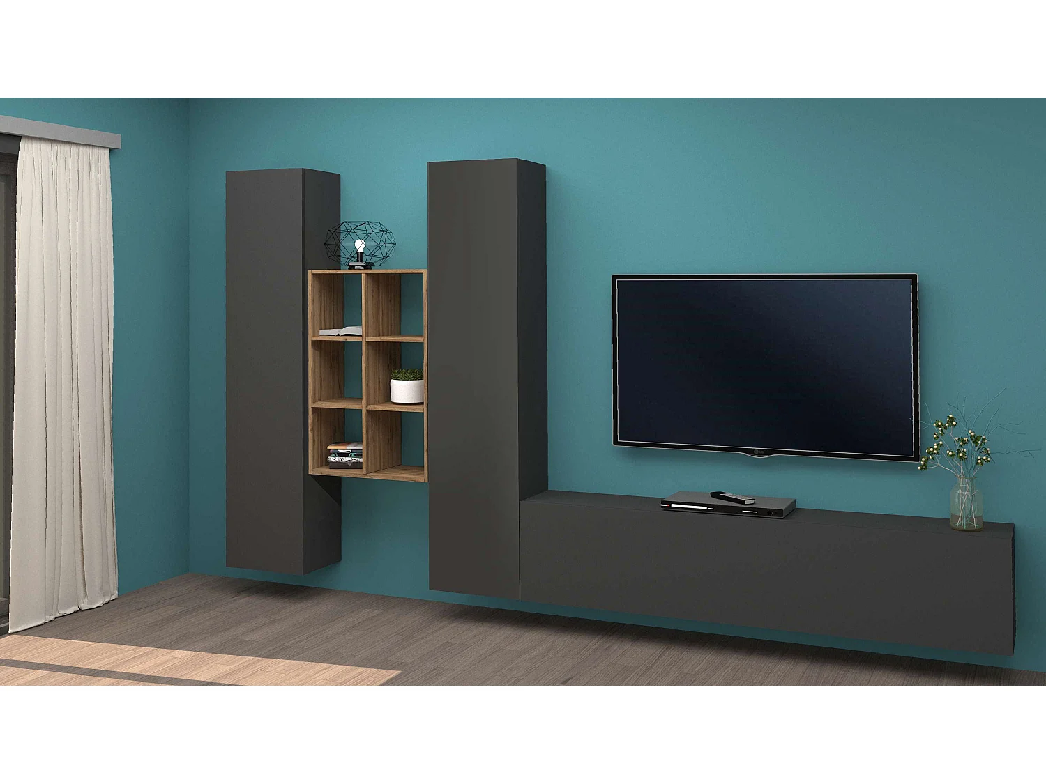 Meuble mural anthracite avec meuble TV moderne et 2 bibliothèques Manny RT à 6 compartiments en bois