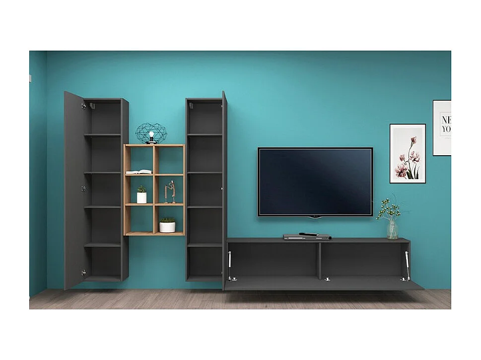 Meuble mural anthracite avec meuble TV moderne et 2 bibliothèques Manny RT à 6 compartiments en bois