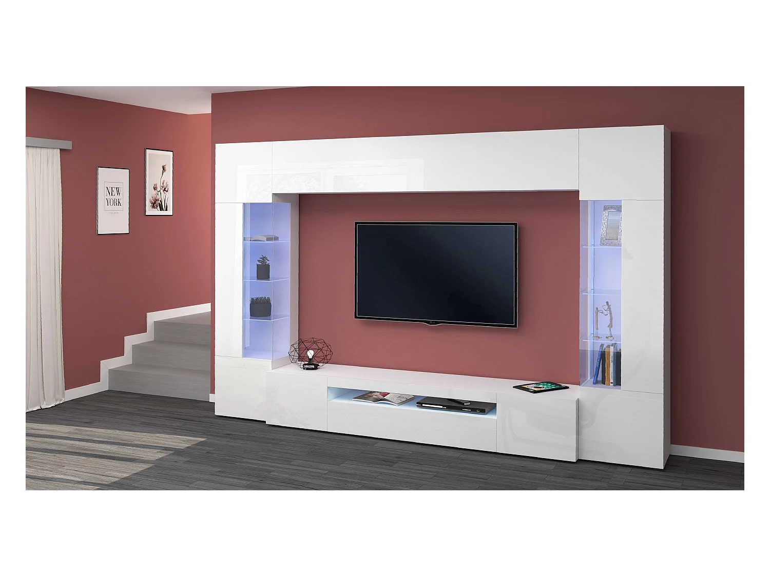 Sala de estar blanca sistema de pared soporte de TV 2 armarios de pared Sultan WH