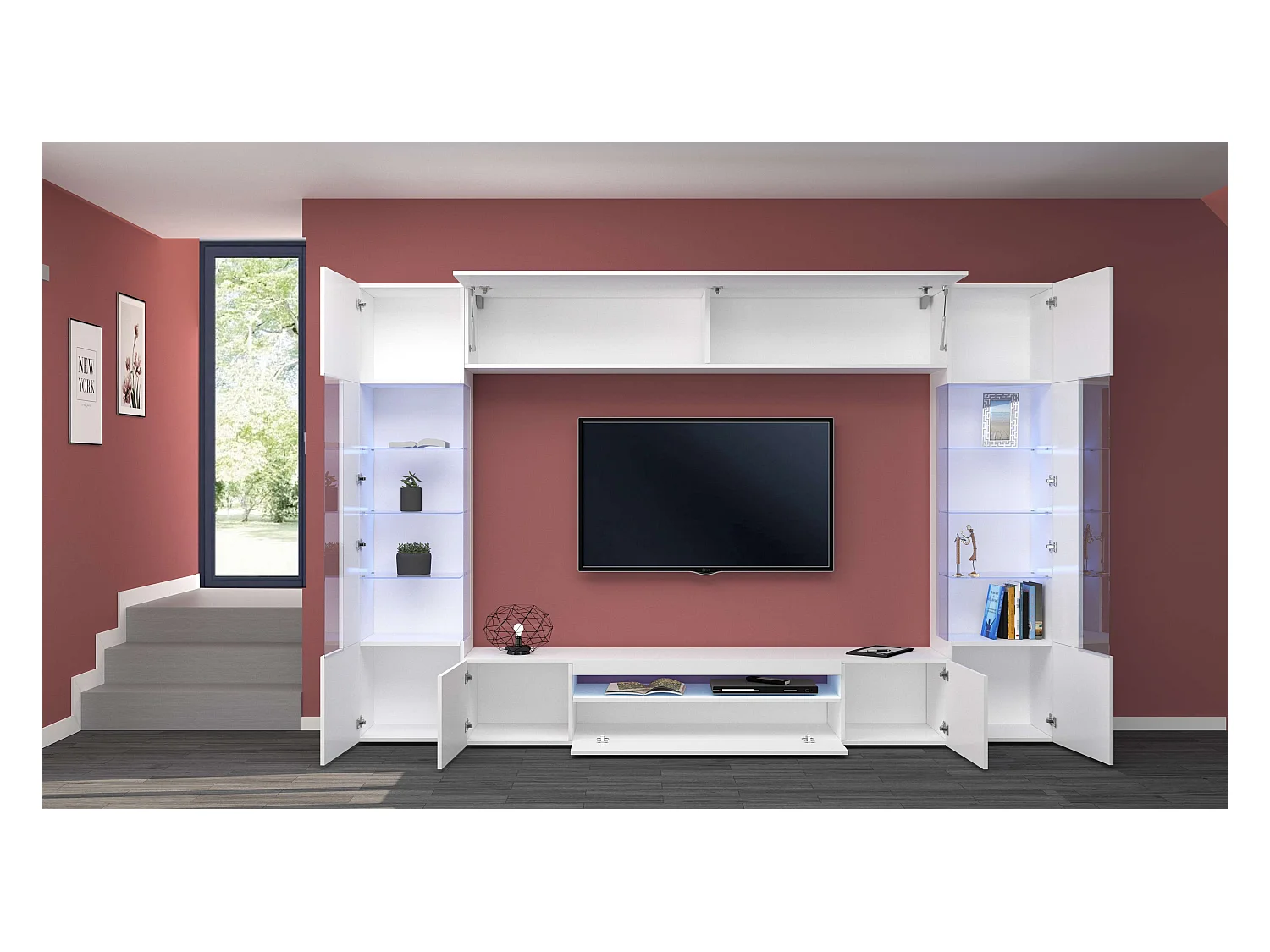 Sala de estar blanca sistema de pared soporte de TV 2 armarios de pared Sultan WH