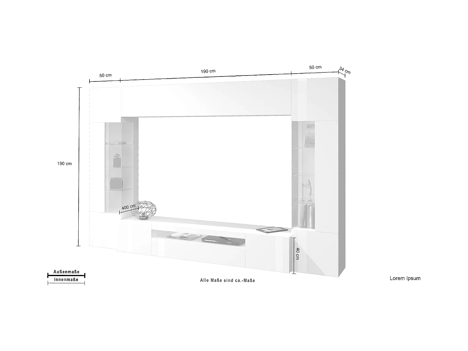 Sala de estar blanca sistema de pared soporte de TV 2 armarios de pared Sultan WH