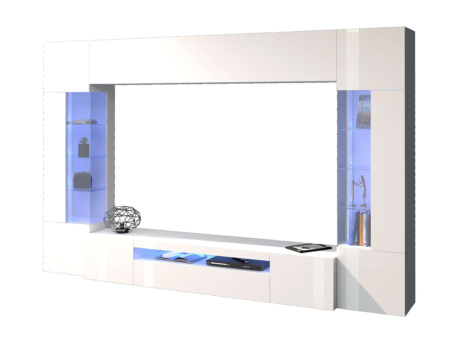 Meuble mural blanc Sultan WH pour le salon, avec 2 vitrines.