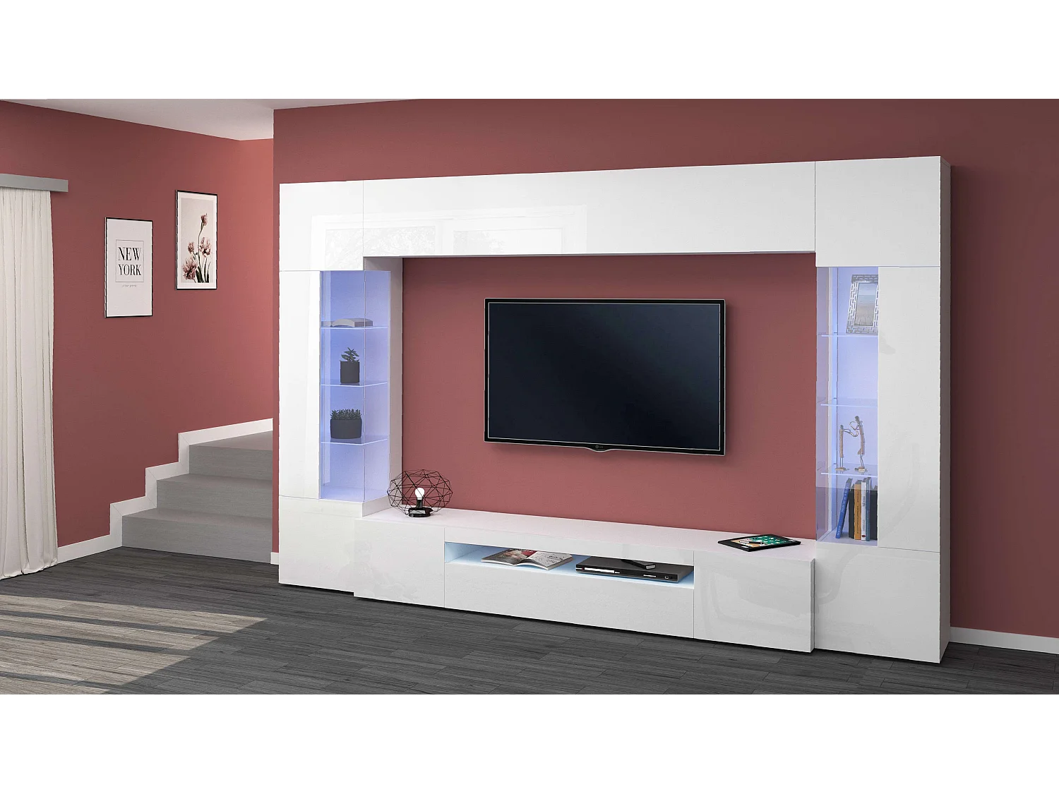 Meuble mural blanc Sultan WH pour le salon, avec 2 vitrines.
