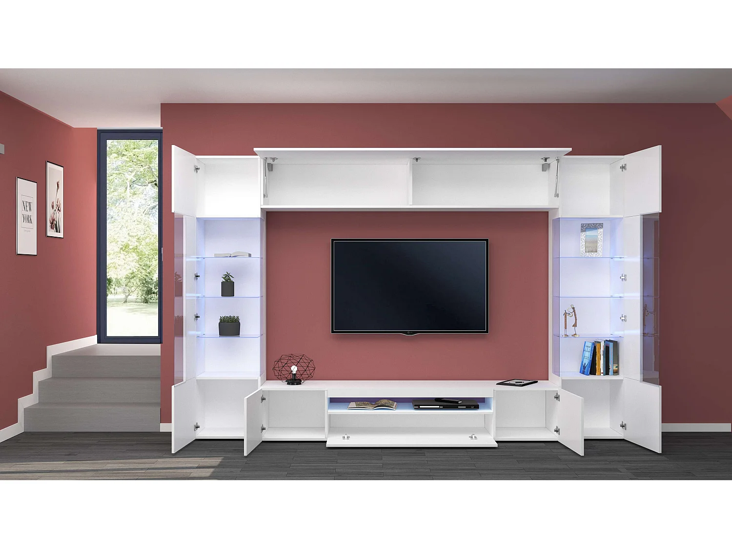 Meuble mural blanc Sultan WH pour le salon, avec 2 vitrines.