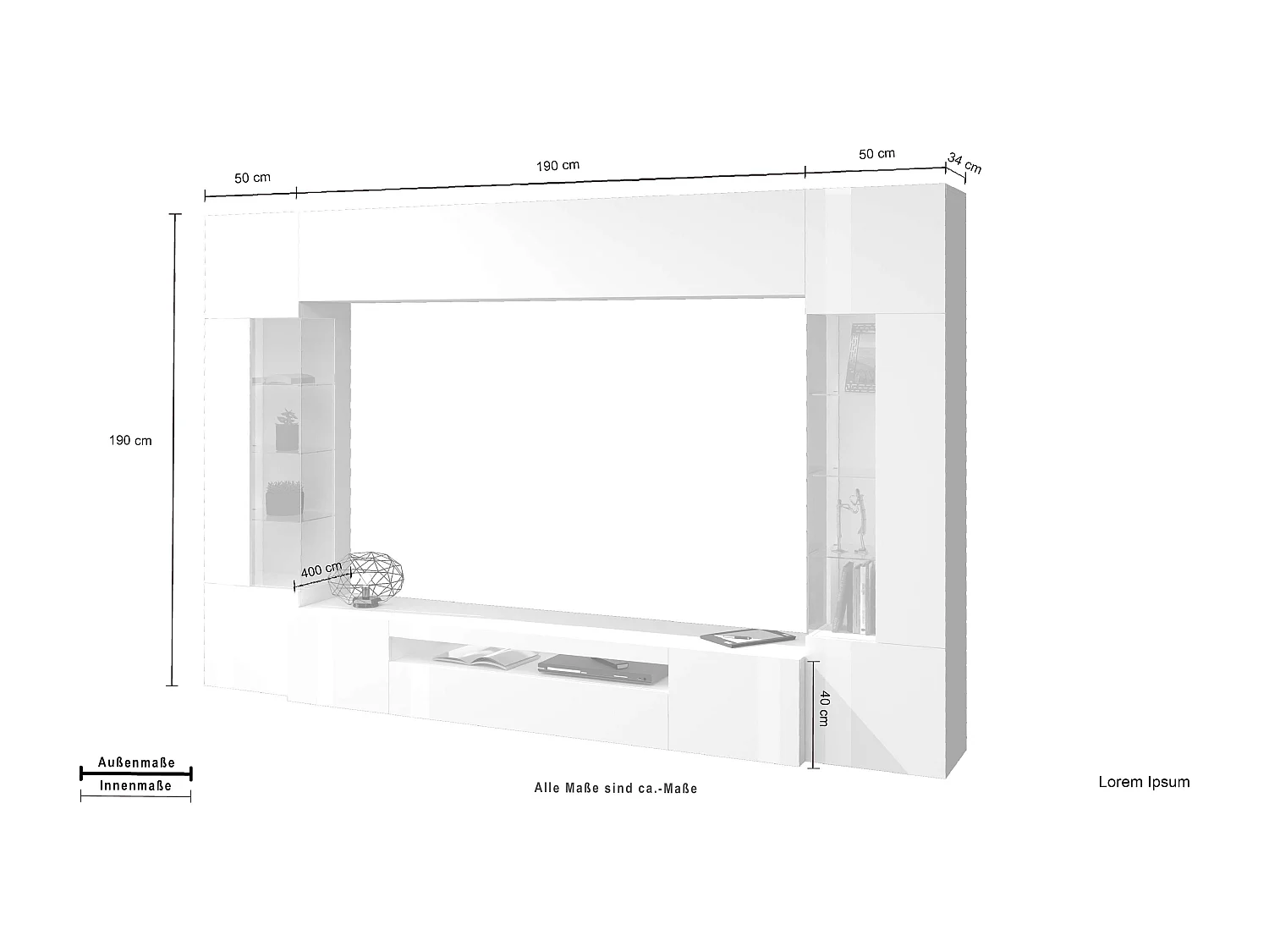 Meuble mural blanc Sultan WH pour le salon, avec 2 vitrines.