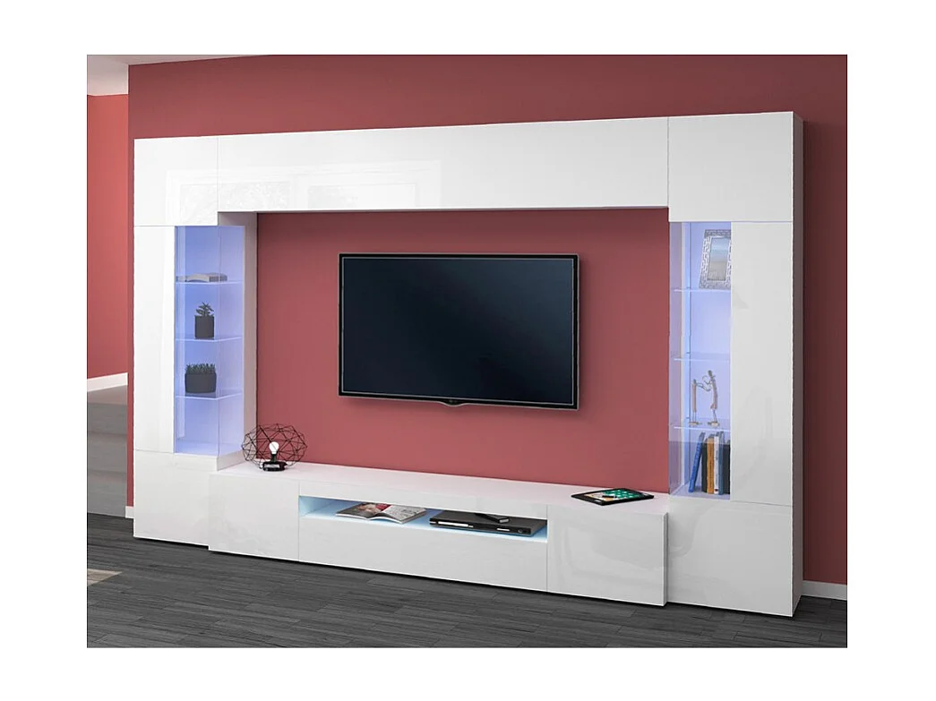 Meuble mural blanc Sultan WH pour le salon, avec 2 vitrines.