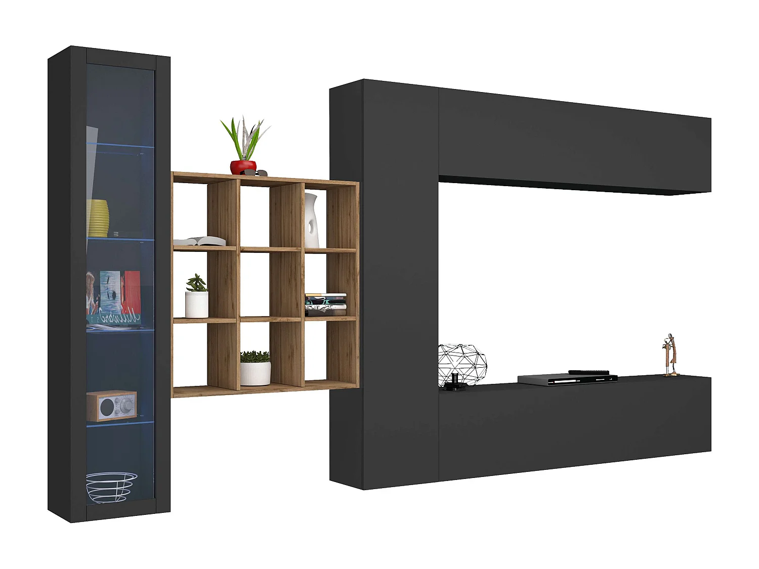 Meuble TV équipé suspendu bibliothèque vitrine moderne Femir RT