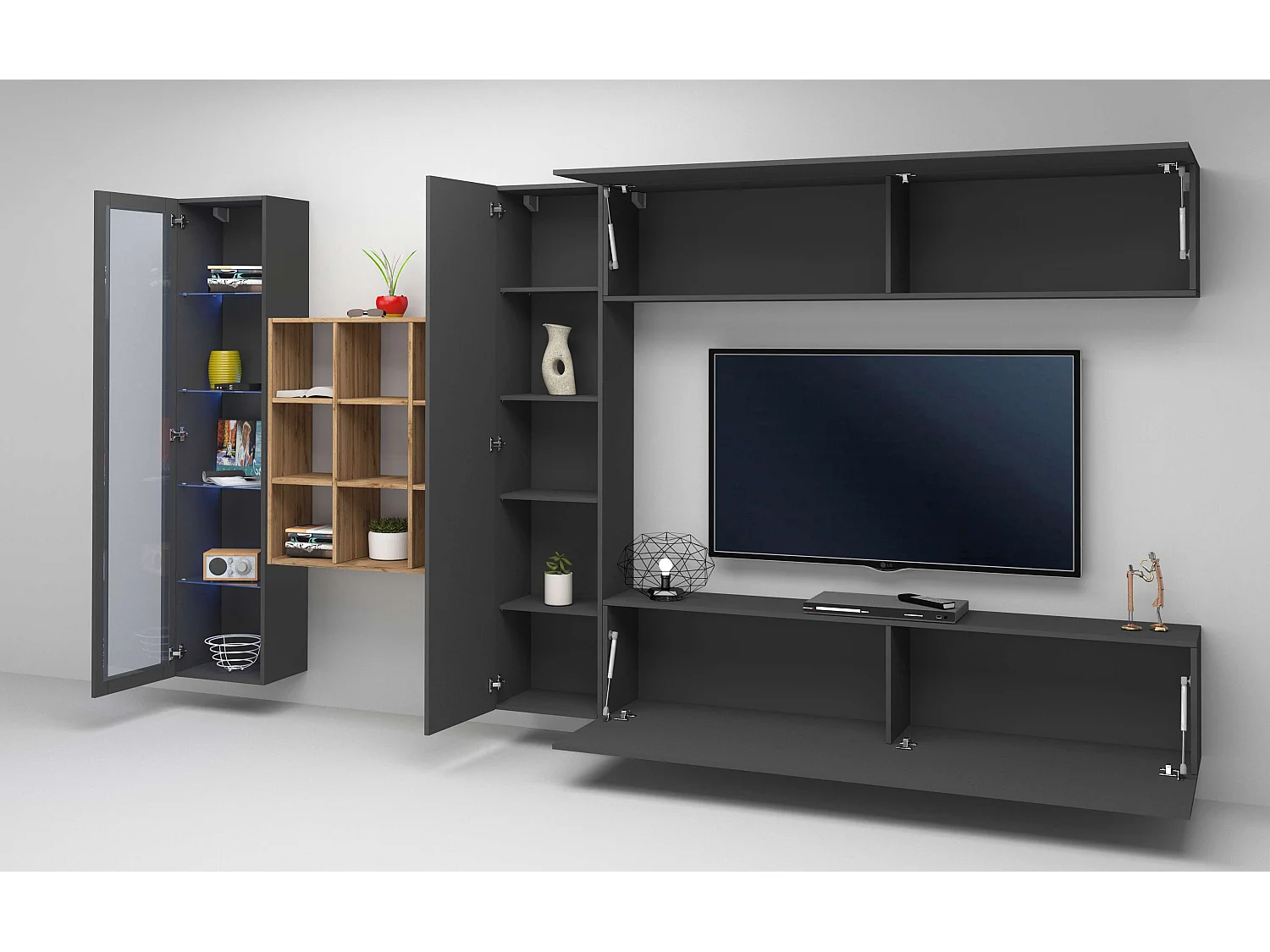 Moderne Hängende TV-Wand mit Vitrine und Bücherregal Femir RT