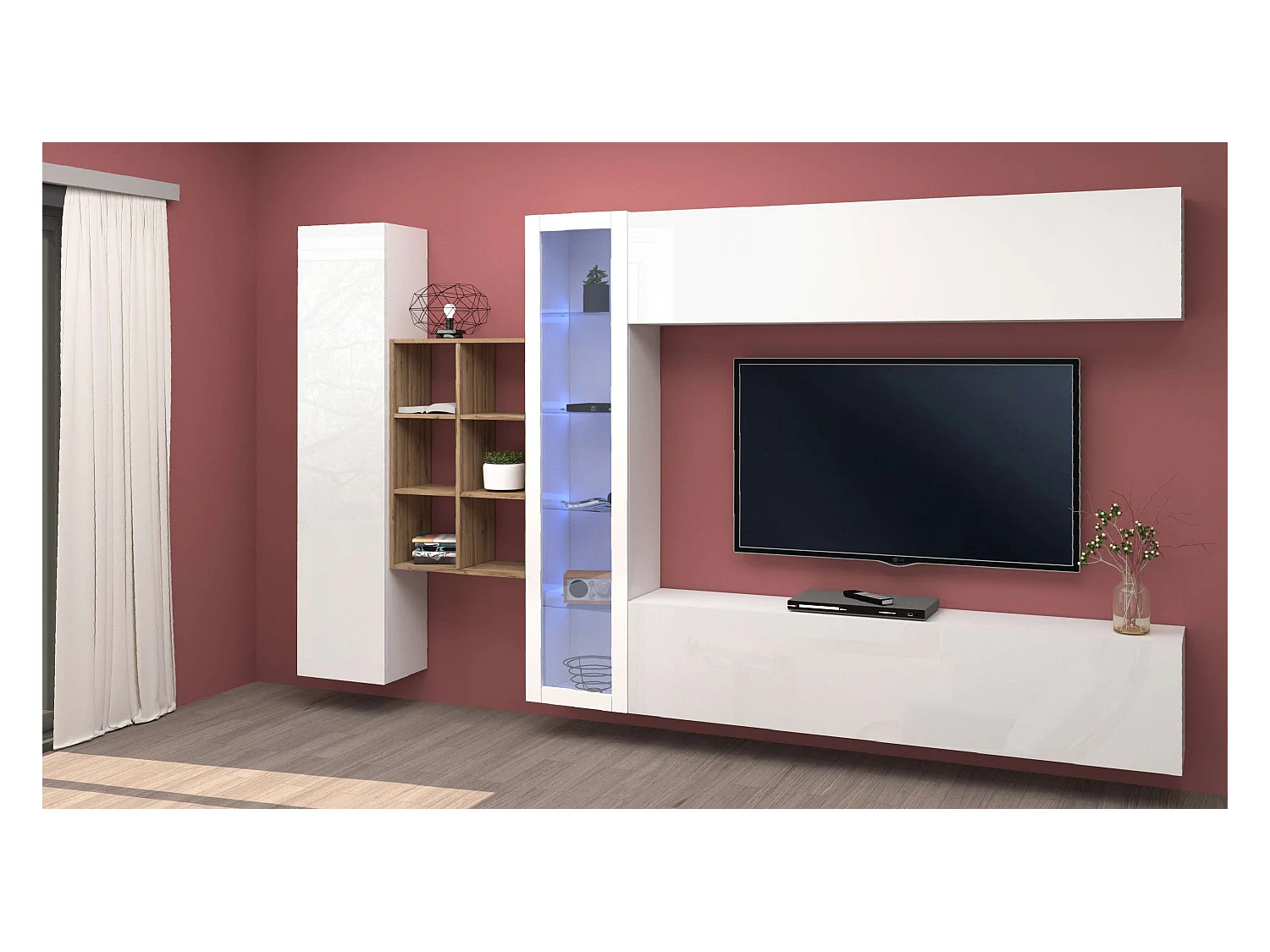 Mueble suspendido blanco TV mueble librería pared Loane WH