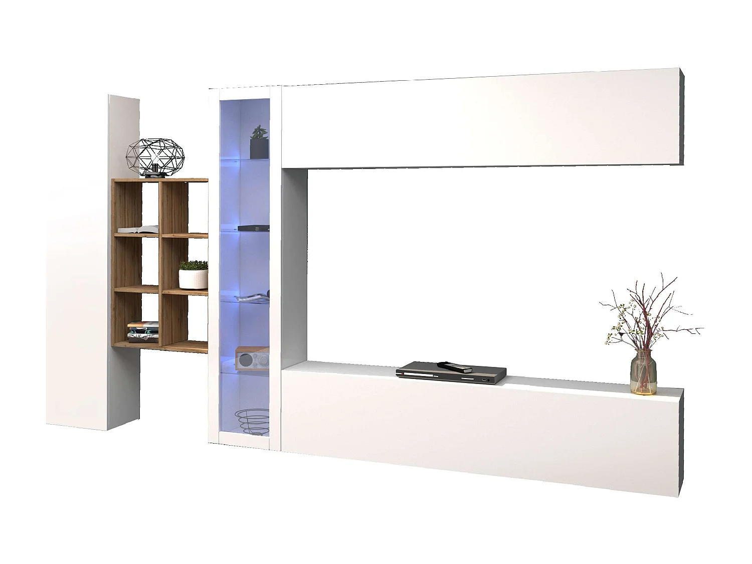 Weiße schwebende Wohnwand mit TV-Schrank, Bücherregal und Vitrine Loane WH