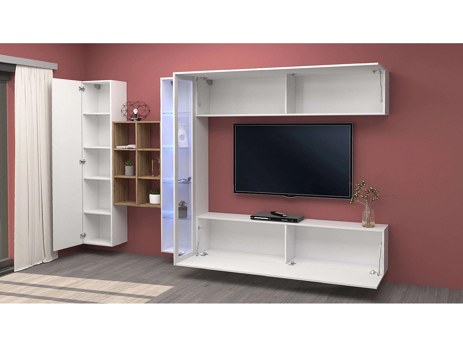 Weiße schwebende Wohnwand mit TV-Schrank, Bücherregal und Vitrine Loane WH