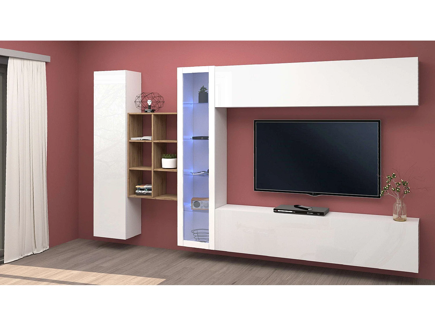 Weiße schwebende Wohnwand mit TV-Schrank, Bücherregal und Vitrine Loane WH
