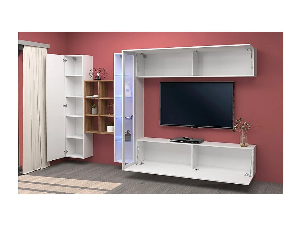 Weiße schwebende Wohnwand mit TV-Schrank, Bücherregal und Vitrine Loane WH