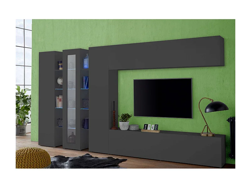 Meuble TV de salon moderne gris 2 armoires 1 vitrine Note Wide