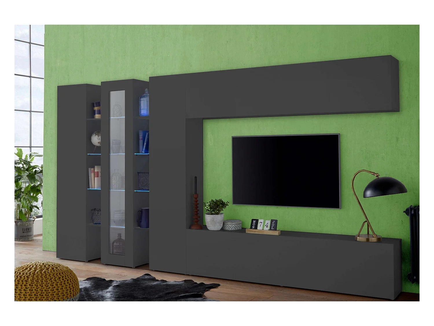 Parete attrezzata moderna grigia mobile TV 2 armadi pensile Note Wide