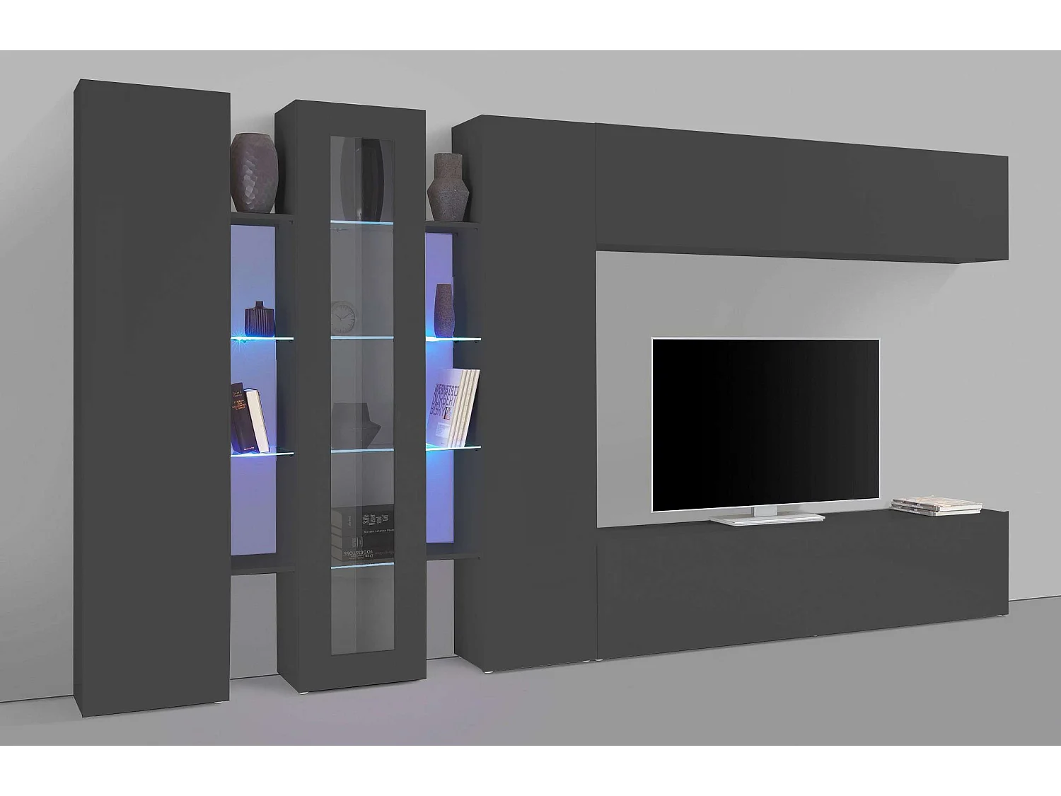 Meuble TV de salon moderne gris 2 armoires 1 vitrine Note Wide