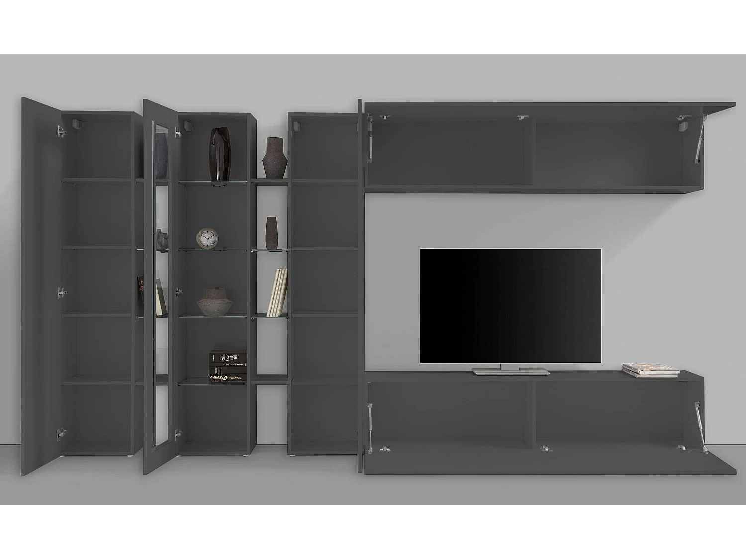 Moderne graue Wohnwand mit TV-Möbel, 2 Hängeschränke, Note Wide