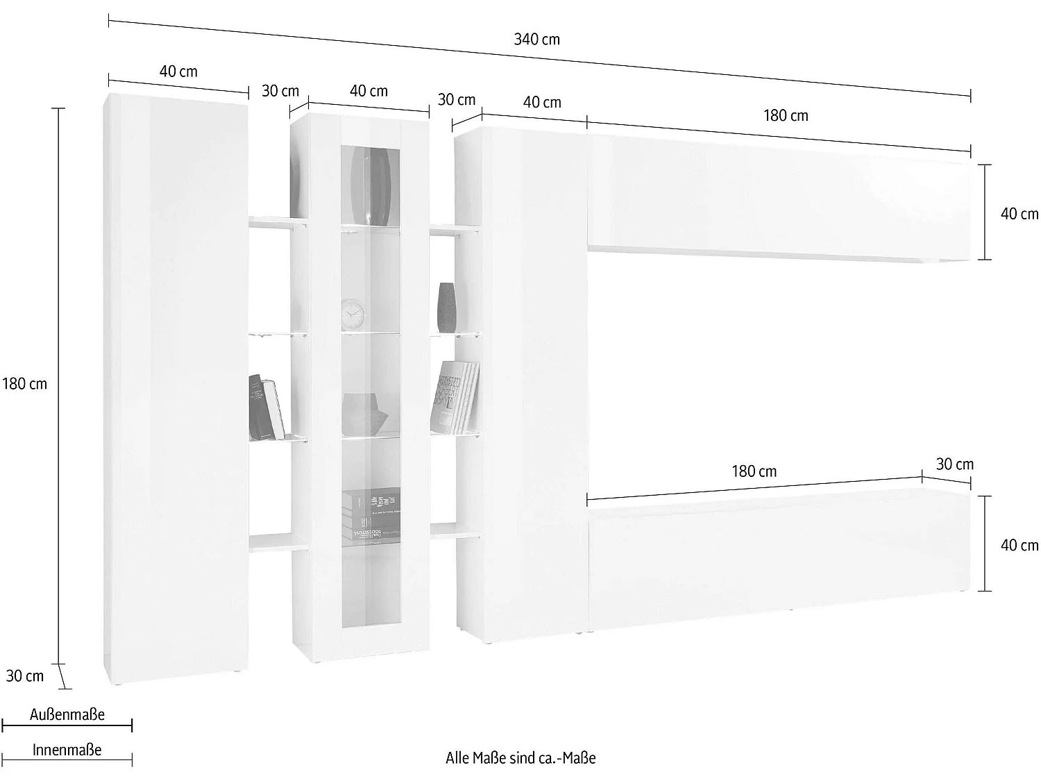 Moderne graue Wohnwand mit TV-Möbel, 2 Hängeschränke, Note Wide