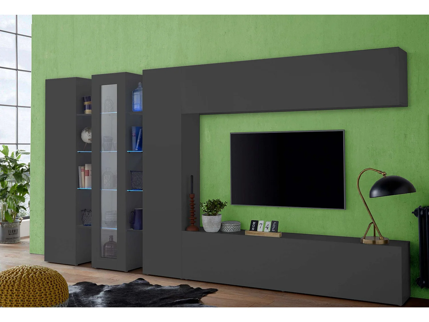 Moderne graue Wohnwand mit TV-Möbel, 2 Hängeschränke, Note Wide