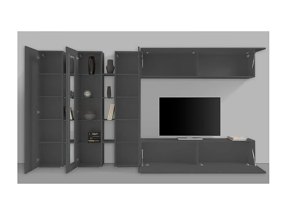 Moderne graue Wohnwand mit TV-Möbel, 2 Hängeschränke, Note Wide