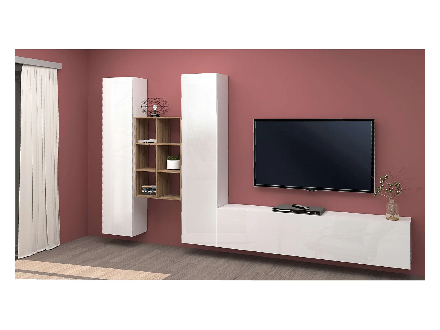 Parete attrezzata TV sospesa bianca libreria in legno 2 armadi Manny WH