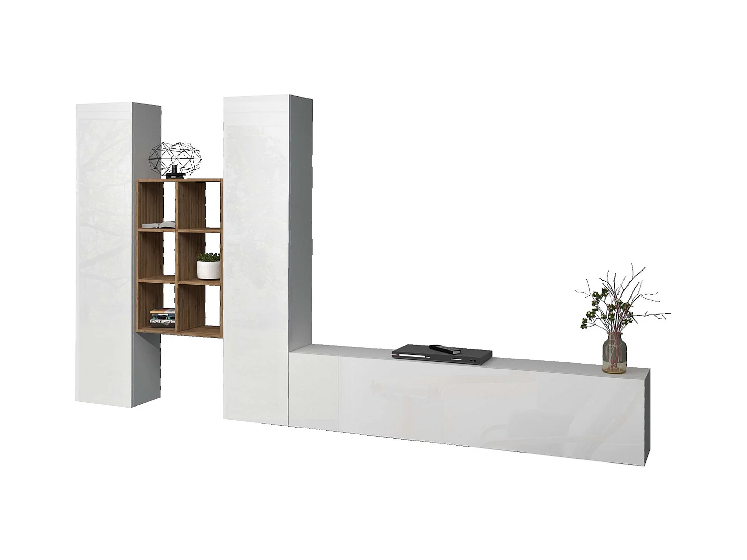 Parete attrezzata TV sospesa bianca libreria in legno 2 armadi Manny WH