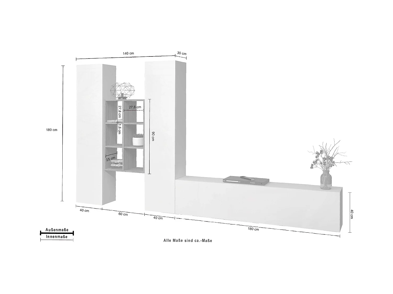 Parete attrezzata TV sospesa bianca libreria in legno 2 armadi Manny WH