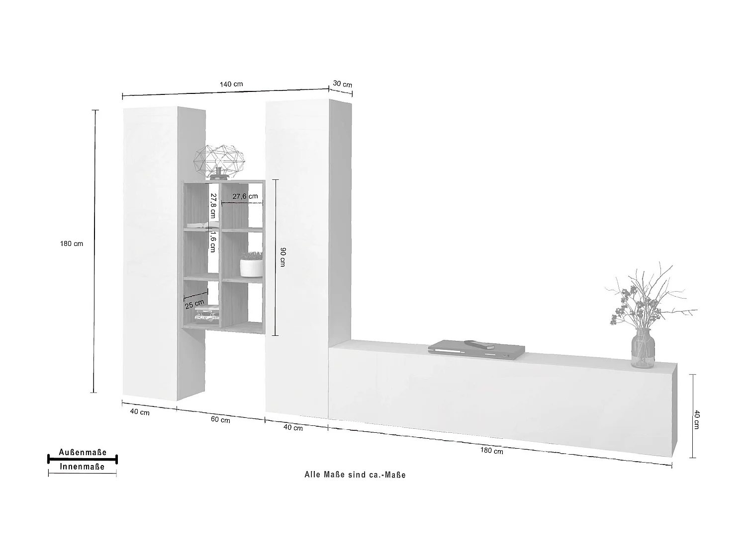 Meuble TV suspendu bibliothèque en bois blanc 2 penderies Manny WH