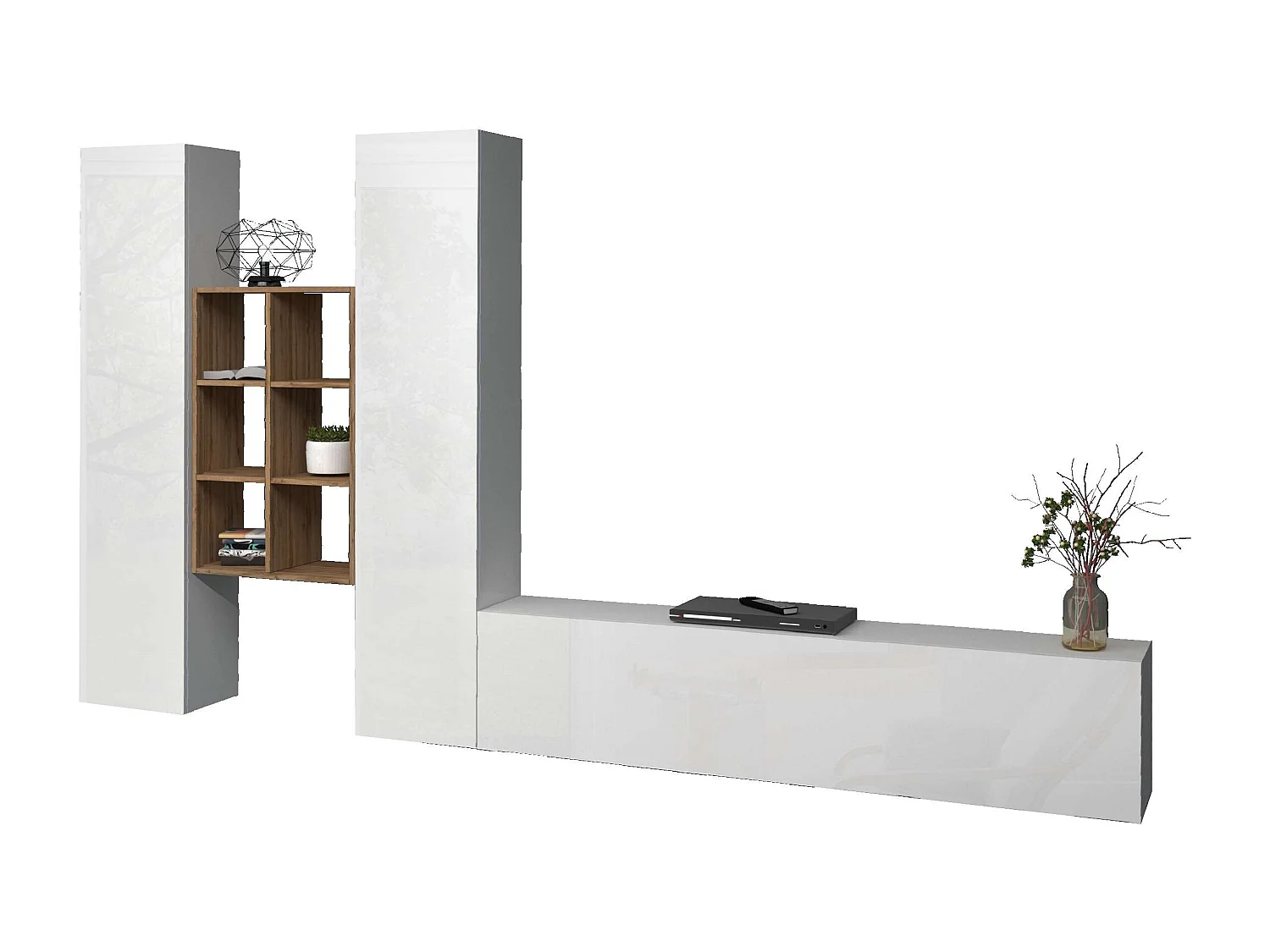 Parete attrezzata TV sospesa bianca libreria in legno 2 armadi Manny WH