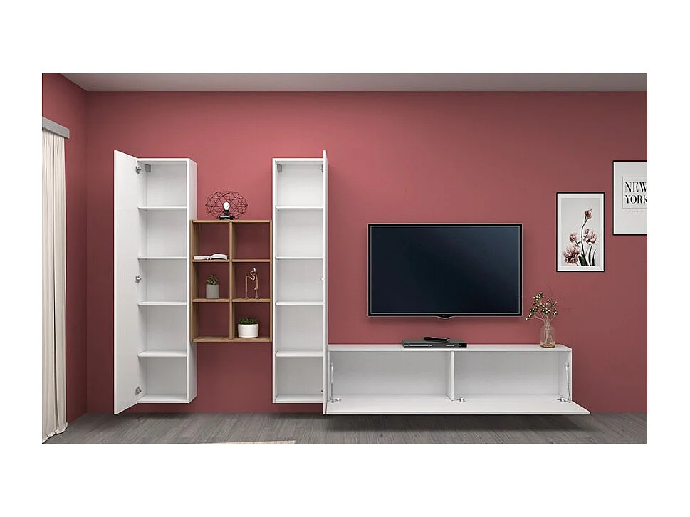 Parete attrezzata TV sospesa bianca libreria in legno 2 armadi Manny WH