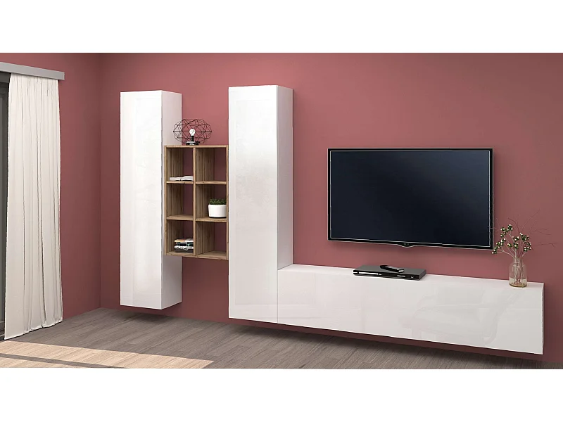 Pared de TV suspendida librería de madera blanca 2 armarios Manny WH